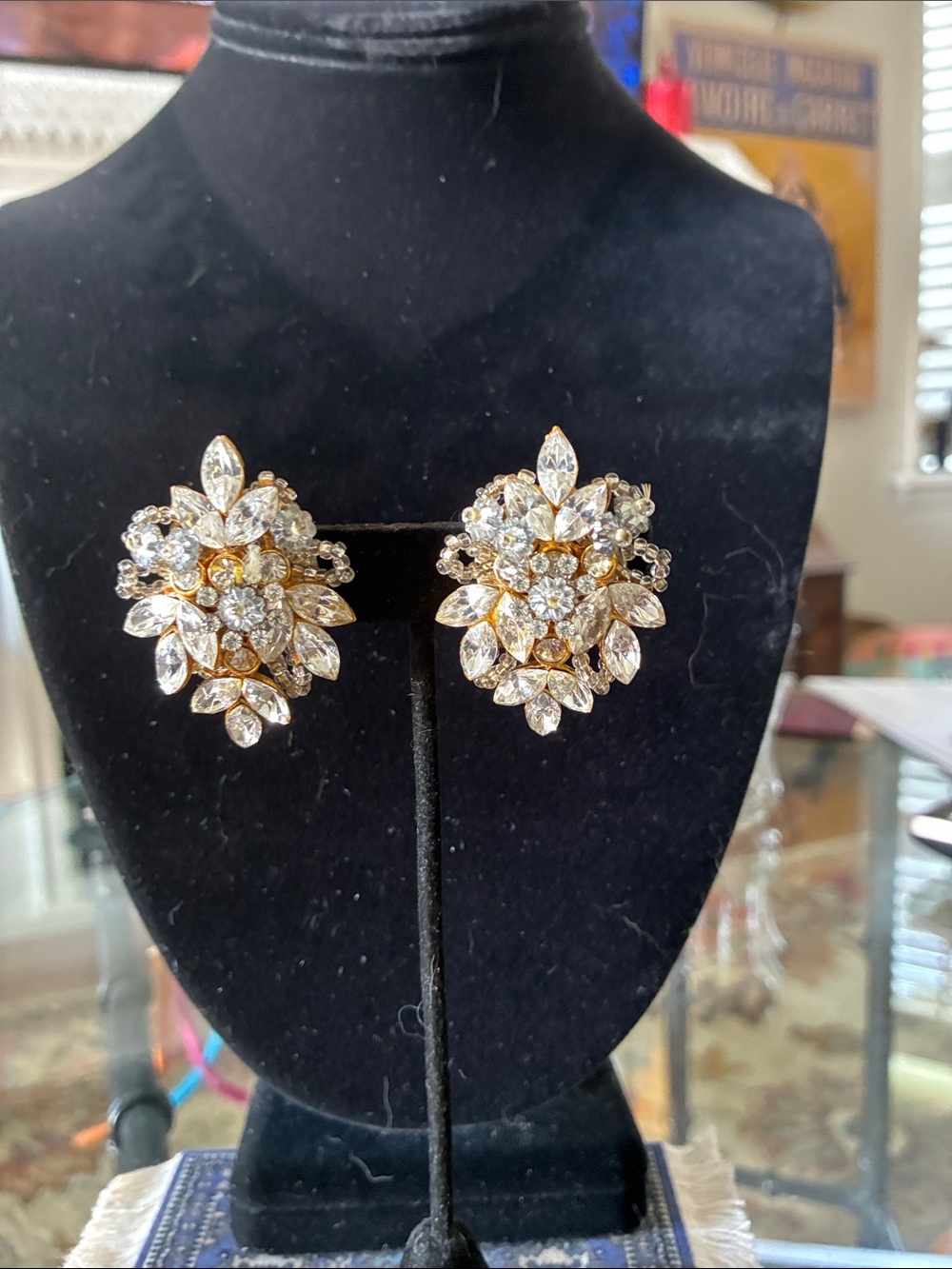 Gold Crystal Floral Clip-On Earrings - Women Jewelry